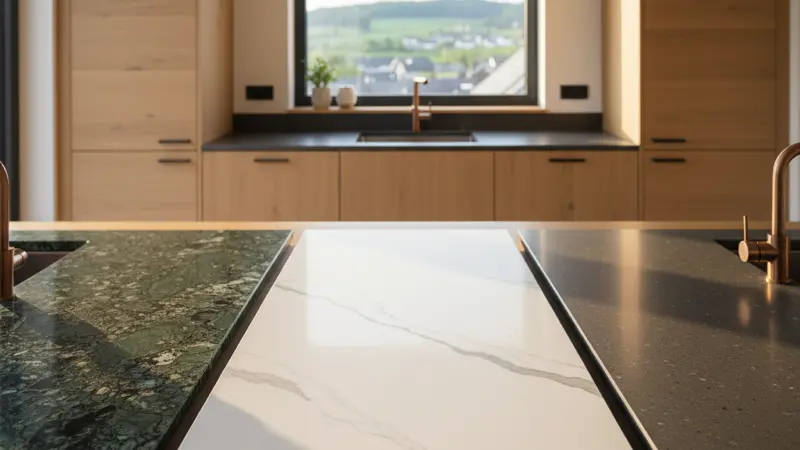Drei verschiedene Arbeitsplattenmaterialien nebeneinander: Sinterstein, Granit und Quarzkomposit