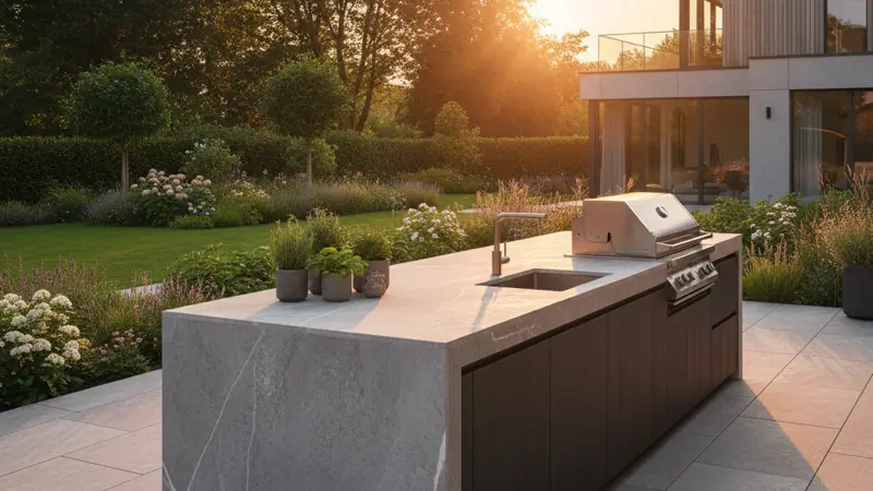 Elegante Outdoor-Küche mit Keramik-Arbeitsplatte auf einer Terrasse mit Gartenblick