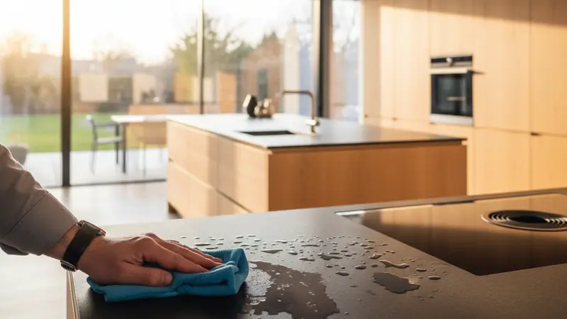 Hand reinigt eine dunkle Keramik-Arbeitsplatte mit einem Mikrofasertuch