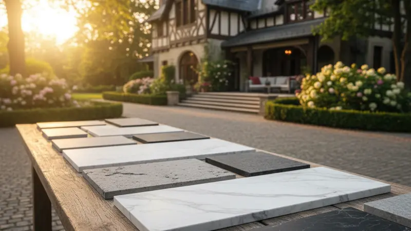 Verschiedene Sinterstein-Muster in Marmor-, Beton- und Natursteinoptik nebeneinander