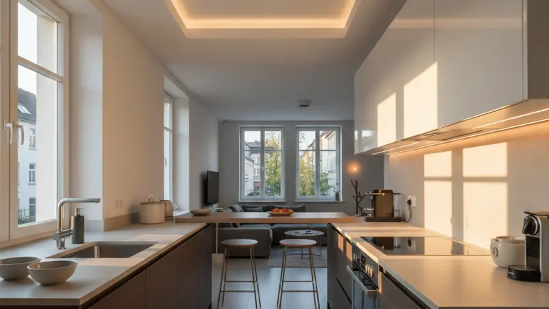 Kleine Küche mit professioneller LED-Beleuchtung unter Hängeschränken und indirekter Deckenbeleuchtung