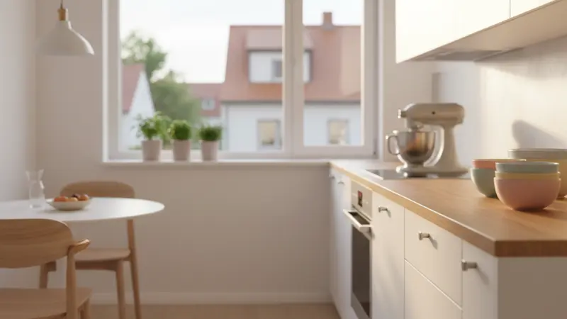 Kleine weiße Küche mit hellem Farbkonzept, Eiche-Arbeitsplatte und großem Fenster