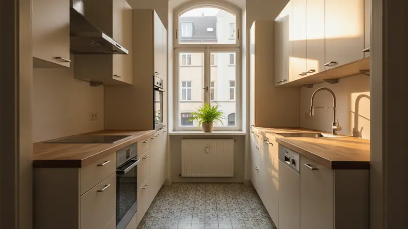 Schmale Galley-Küche zweizeilig in deutscher Altbauwohnung mit hellen Fronten