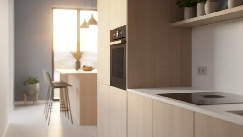 Kombi-Backofen mit Mikrowelle und Induktionskochfeld mit integriertem Abzug in moderner kleiner Küche