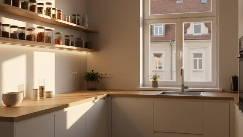 Moderne kleine L-Form Einbauküche in heller deutscher Mietwohnung mit weißen Hochglanzfronten und Holz-Arbeitsplatte