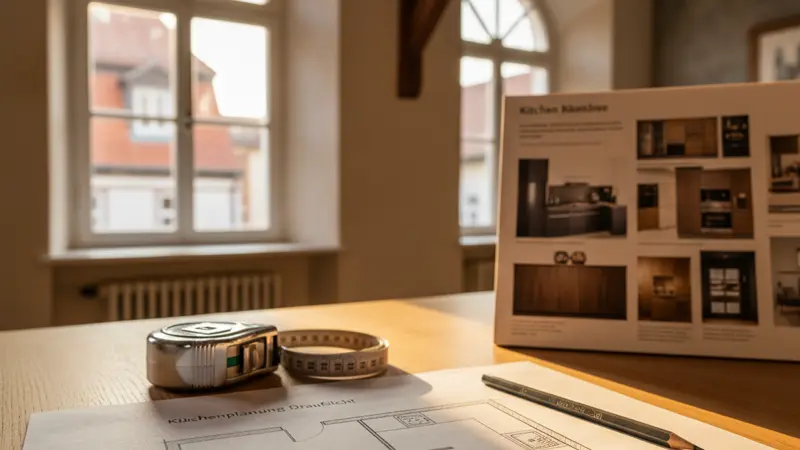 Küchenplanung Draufsicht mit Grundriss auf Papier, Massband und Bleistift