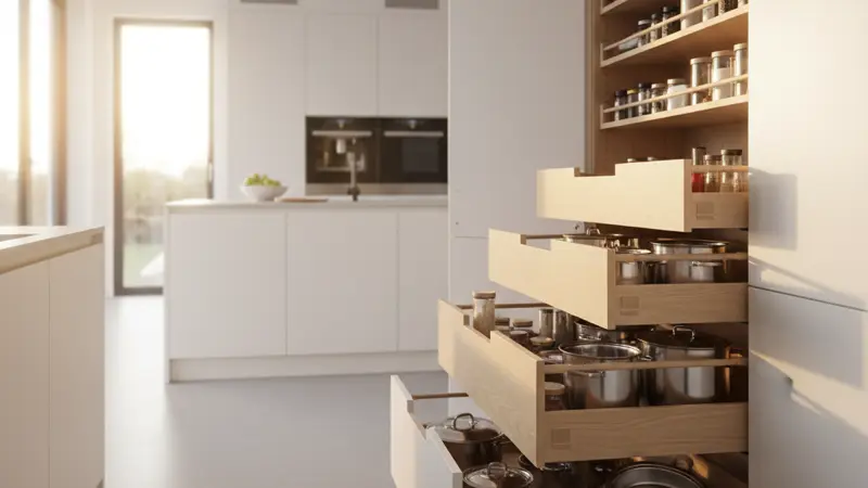 Geöffneter Küchen-Hochschrank mit Vollauszügen und organisiertem Stauraum