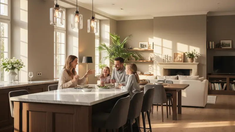 Elegante Kücheninsel mit Barhockern und drei Pendelleuchten in abendlicher Stimmung