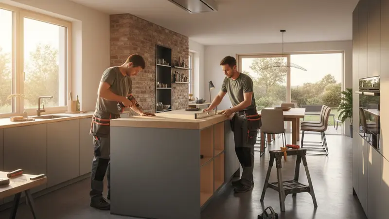 Handwerker montieren eine Kücheninsel mit Werkzeug in einer modernen Küche