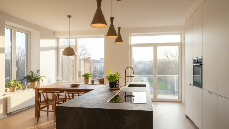 Moderne offene Wohnküche mit großer Kochinsel, Induktionskochfeld und Pendelleuchten