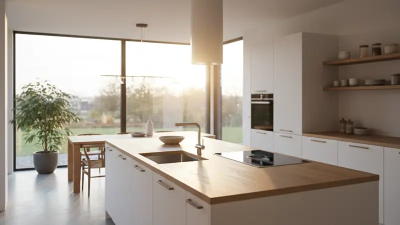 Kochinsel mit integriertem Induktionskochfeld und Deckenhaube in moderner Küche