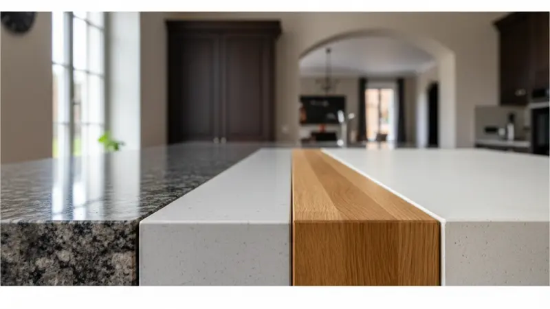 Verschiedene Arbeitsplatten-Materialien für Kücheninseln: Granit, Quarzstein, Holz und Keramik