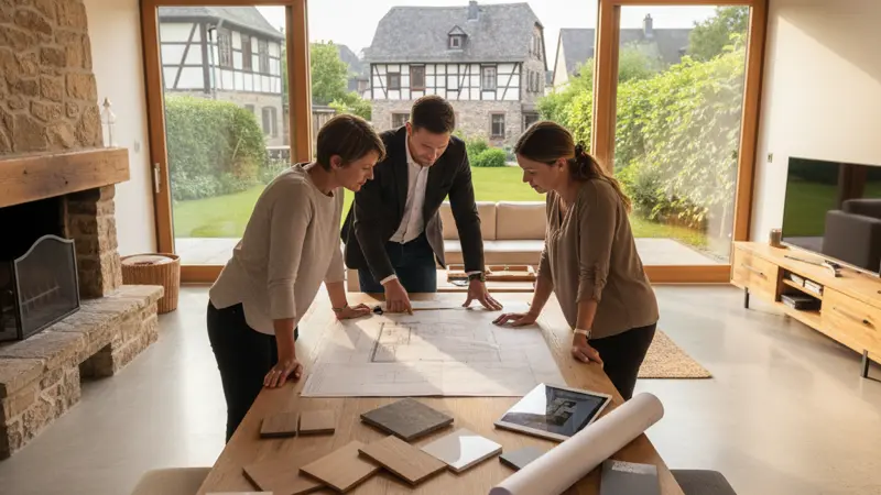 Küchenplanung am Tisch mit Grundriss, Maßband und Farbmustern für eine Kochinsel