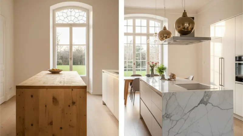 Vergleich einer einfachen und einer hochwertigen Kücheninsel nebeneinander