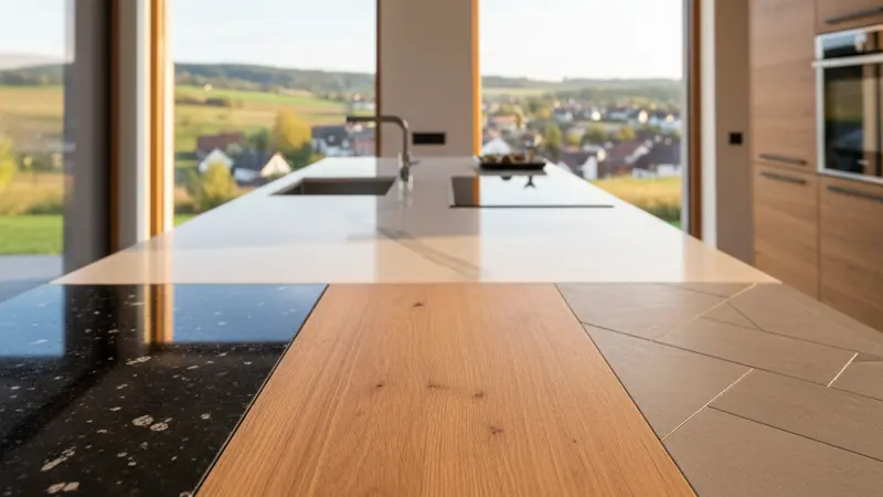 Verschiedene Küchenarbeitsplatten-Muster nebeneinander: Granit, Quarz, Holz, Keramik