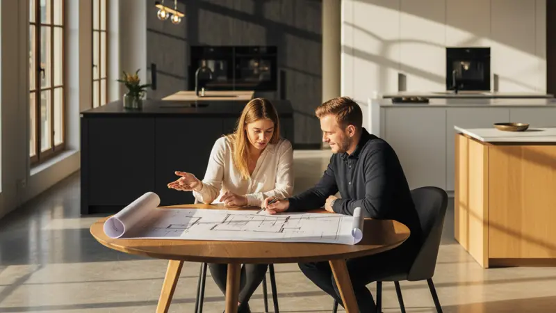 Beratungsgespräch im Küchenstudio mit Paar und Fachberater