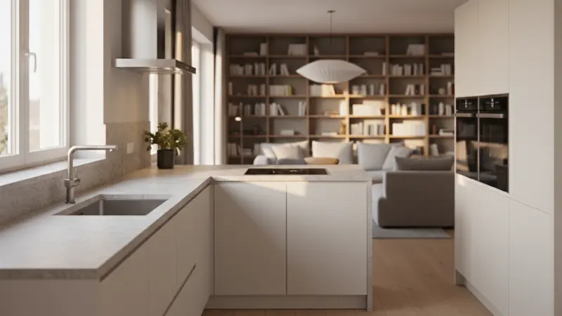 Moderne deutsche Einbauküche in L-Form mit hellen Fronten und Naturstein-Arbeitsplatte