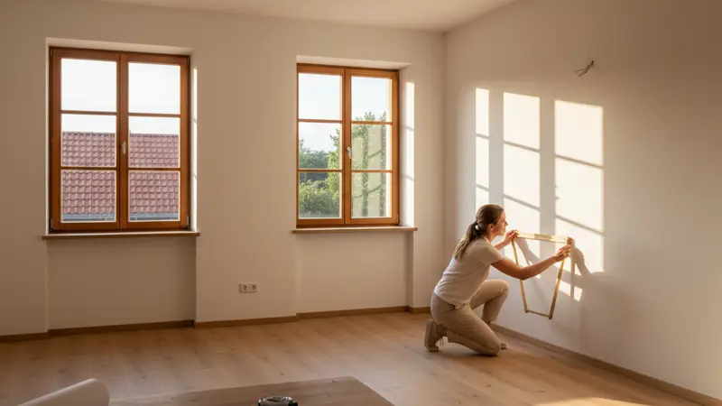 Frau misst mit Zollstock die Wandbreite in einem Küchenraum