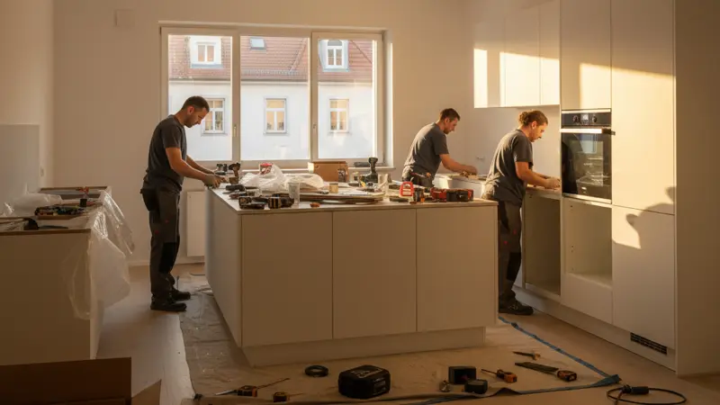 Monteure installieren eine neue Einbauküche mit weißen Fronten