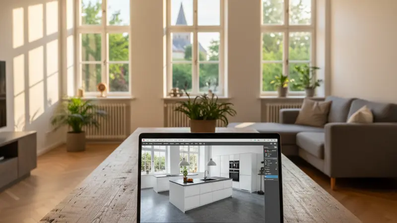 Laptop zeigt 3D-Küchenplaner Software mit Rendering einer modernen Küche