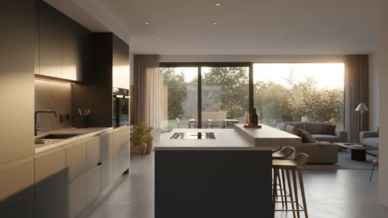 Moderne grifflose Küche in U-Form mit dunklen Fronten und LED-Beleuchtung