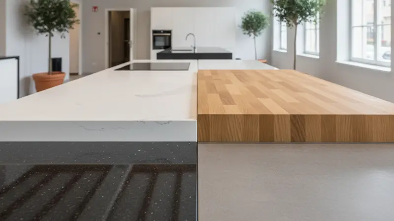 Verschiedene Küchenarbeitsplatten: Granit, Quarzkomposit, Holz und Keramik nebeneinander
