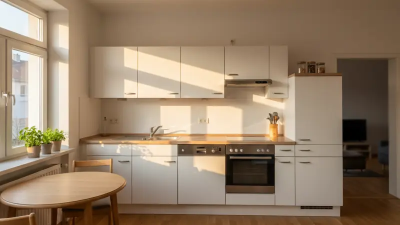 Einfache Budget-Einbauküche in L-Form mit weißen Fronten und Laminat-Arbeitsplatte