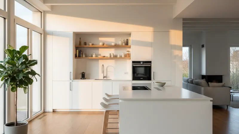 Moderne weiße Einbauküche mit Kochinsel in einem hellen deutschen Einfamilienhaus