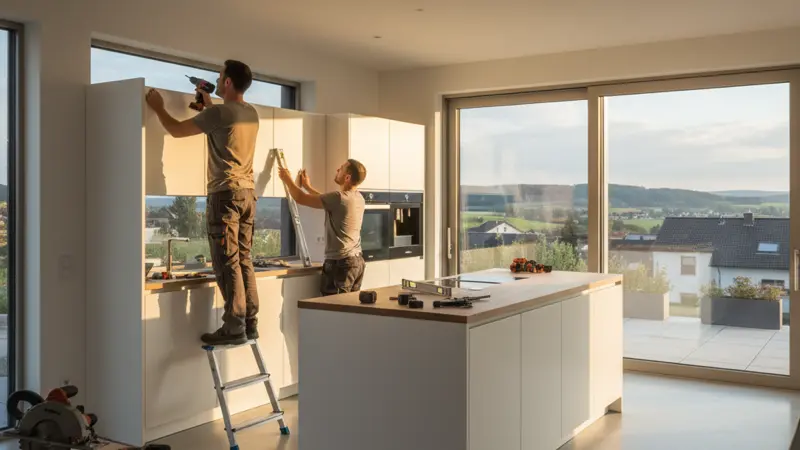 Zwei Handwerker bei der professionellen Küchenmontage in einem deutschen Einfamilienhaus