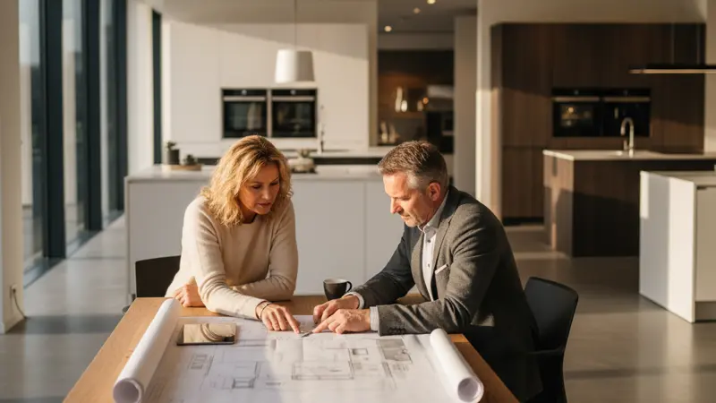 Beratungsgespräch in einem deutschen Küchenstudio mit Ausstellungsküchen im Hintergrund