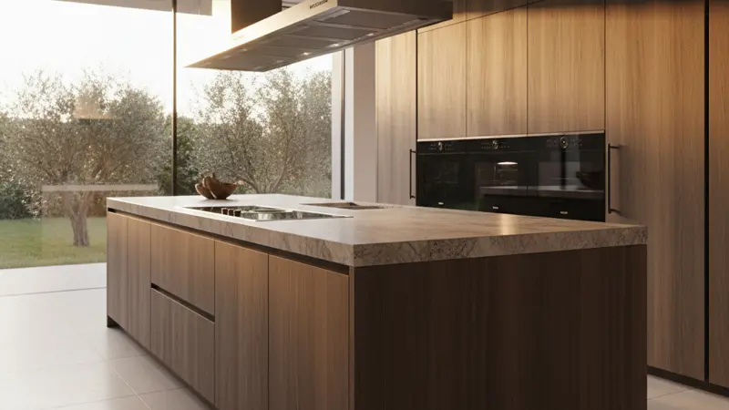 Luxuriöse Premium-Designerküche mit Naturstein-Arbeitsplatte und großer Kochinsel