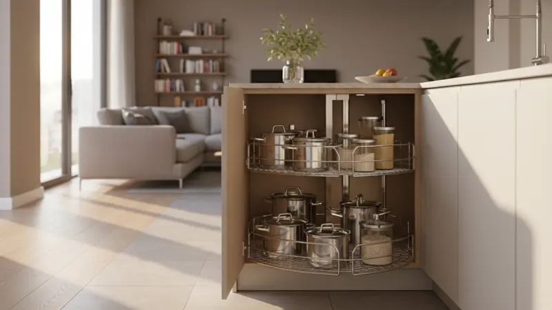 Geöffneter Eck-Unterschrank mit Magic Corner Auszug in einer L-Küche