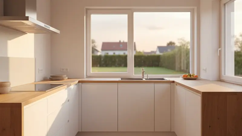 Moderne Küche in L-Form mit hellen Fronten und Holzarbeitsplatte