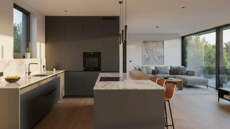 Moderne L-Küche mit freistehender Kücheninsel in offenem Wohnraum