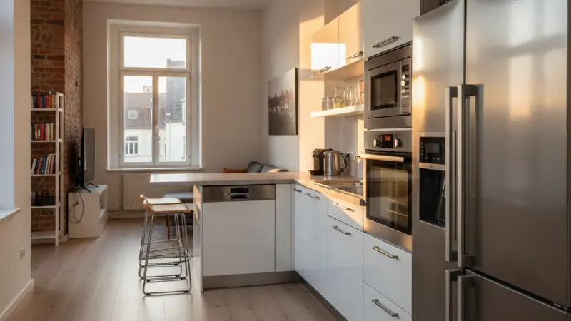 Kompakte L-Küche in einer kleinen Stadtwohnung mit clever genutztem Raum