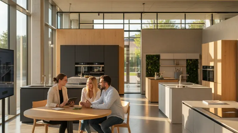 Küchenstudio Showroom mit verschiedenen Küchenausstellungen und Beratungsgespraech