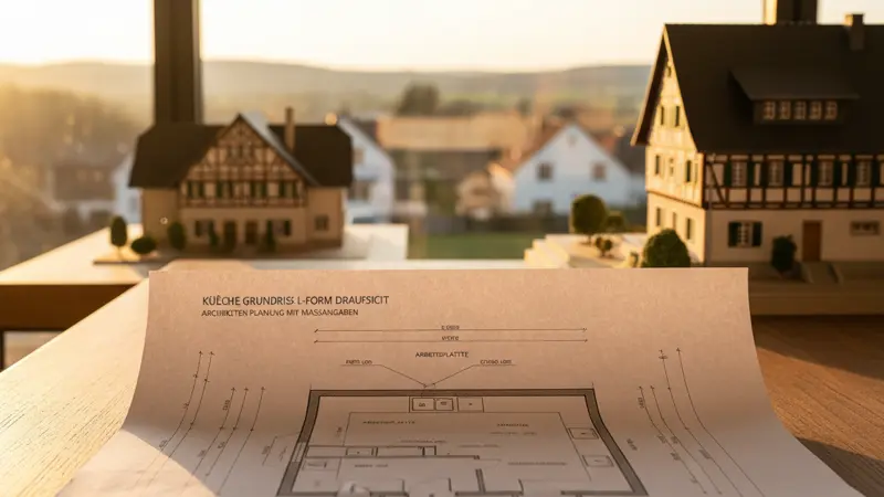 Küchen-Grundriss in L-Form mit Massangaben und Planungsdetails