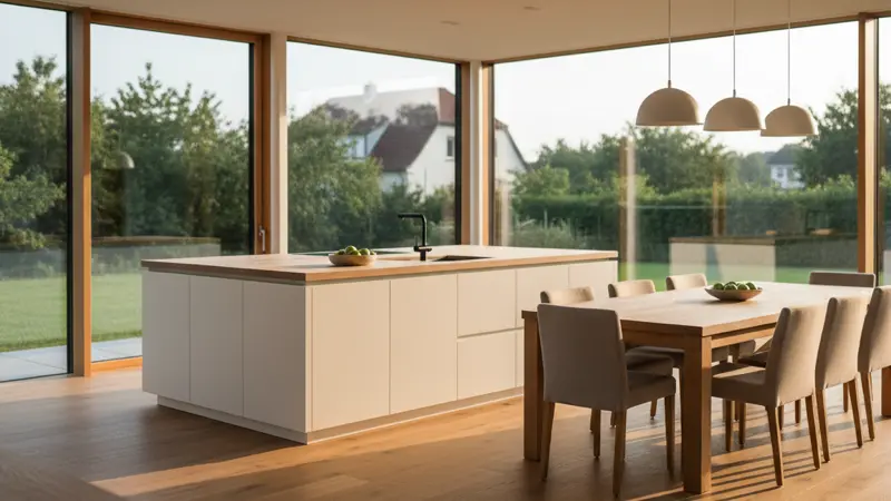 Offene Wohnküche in L-Form mit Essbereich und Wohnzimmer