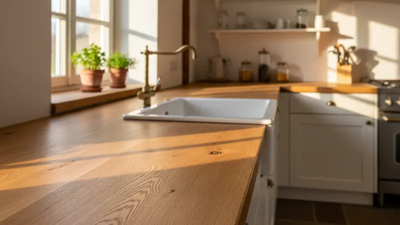 Massive Eichenholz-Arbeitsplatte in einer Landhausküche mit weißer Keramikspüle