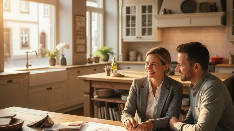 Küchenplanerin berät ein Paar im Küchenstudio mit Farbmustern und Zeichnungen