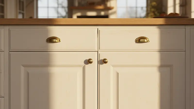 Detailaufnahme einer Landhausküche-Kassettenfront aus lackiertem Massivholz mit Muschelgriffen