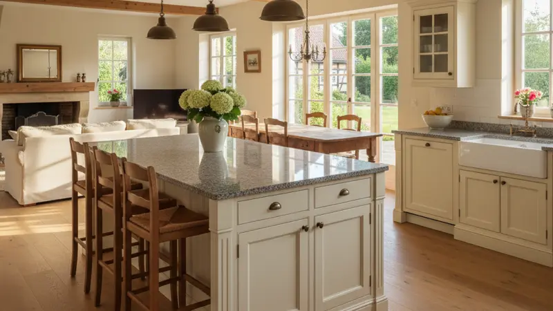 Geräumige Kochinsel im Landhausstil mit cremefarbenen Fronten und Granitarbeitsplatte