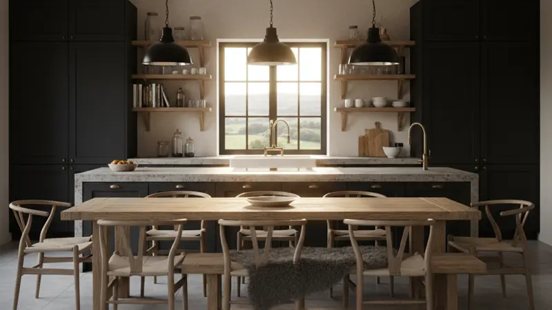 Moderne Interpretation einer Landhausküche mit dunkelgrauen Rahmentüren und offenen Holzregalen