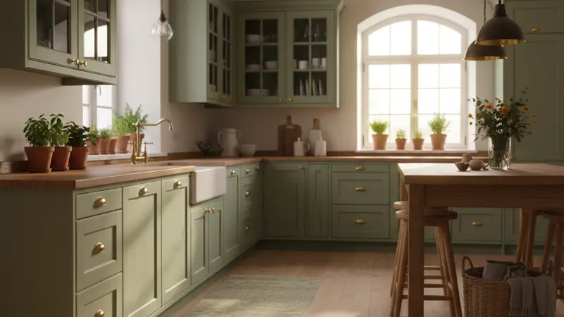 Salbeigrüne moderne Landhausküche mit Holzarbeitsplatte und Glastüren-Oberschränke