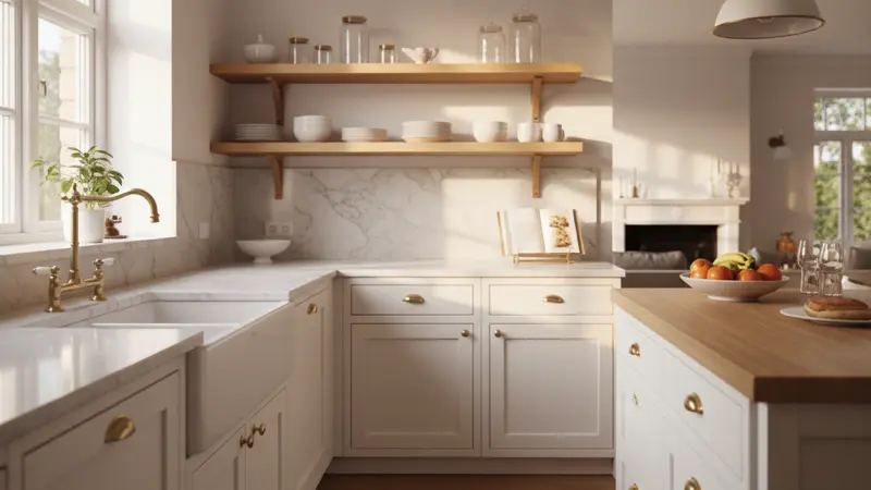 Elegante weiße Landhausküche mit Kassettenfronten und Messingbeschlägen in einem hellen Einfamilienhaus