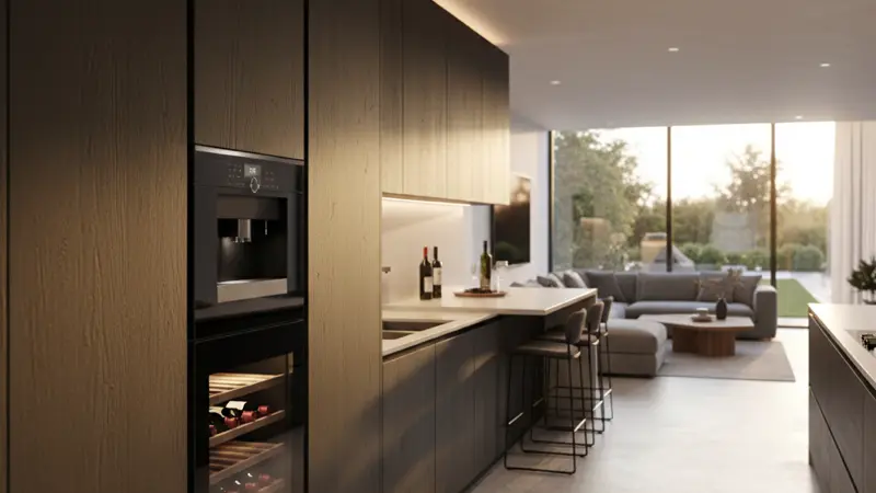 Luxusküche mit dunklen Eichenholzfronten, integriertem Weinkühler und stimmungsvoller LED-Beleuchtung am Abend