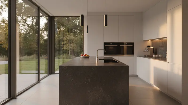 Fertige Luxusküche in einem modernen deutschen Eigenheim, Tageslicht, einladende Atmosphäre