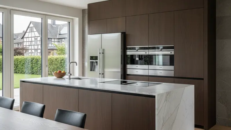 Premium-Einbaugeräte in einer Luxusküche: Gaggenau Backofen, Induktionskochfeld, integrierte Kaffeemaschine und Dampfgarer