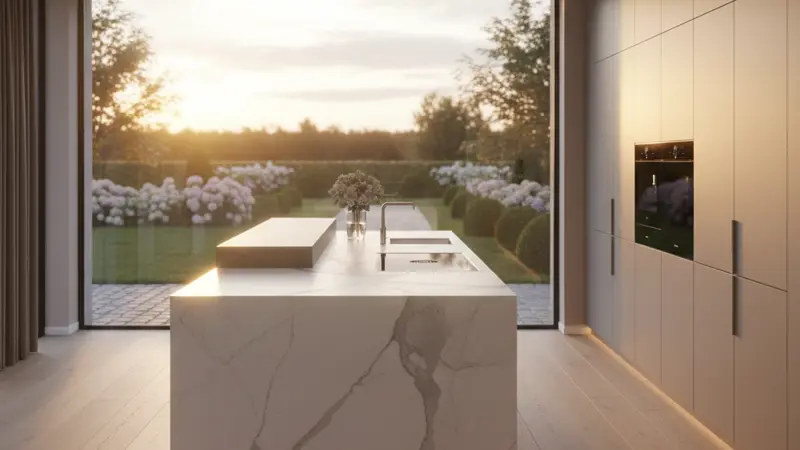 Moderne Luxusküche mit größer Marmor-Kochinsel, integrierten LED-Leisten und Panoramafenster in einem deutschen Eigenheim