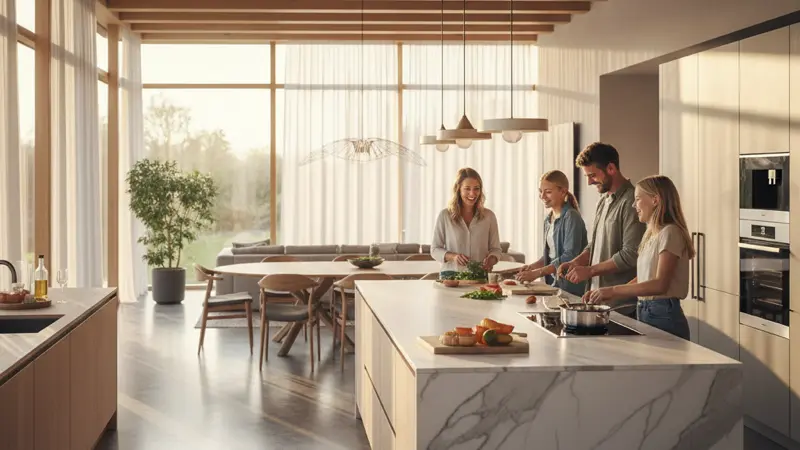 Familie kocht gemeinsam in einer eleganten Luxusküche mit Kochinsel, helles Tageslicht durch große Fenster